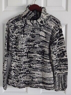 Pure Handknit 100% Cotton Black and White Marled Shawl Collar Sweater